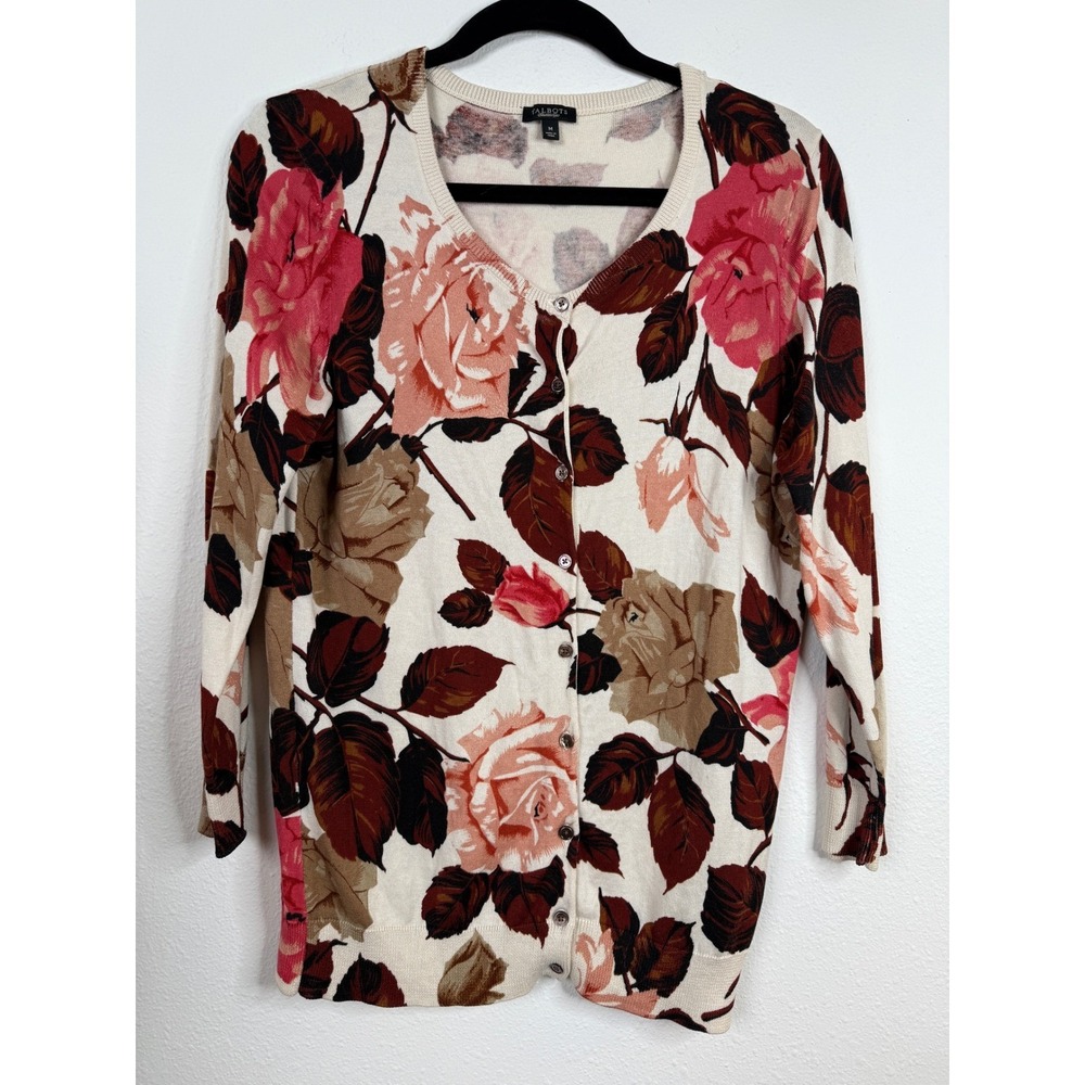 Talbots Floral Cardigan Size M Cream Pink Roses Cotton Silk Blend Sweater